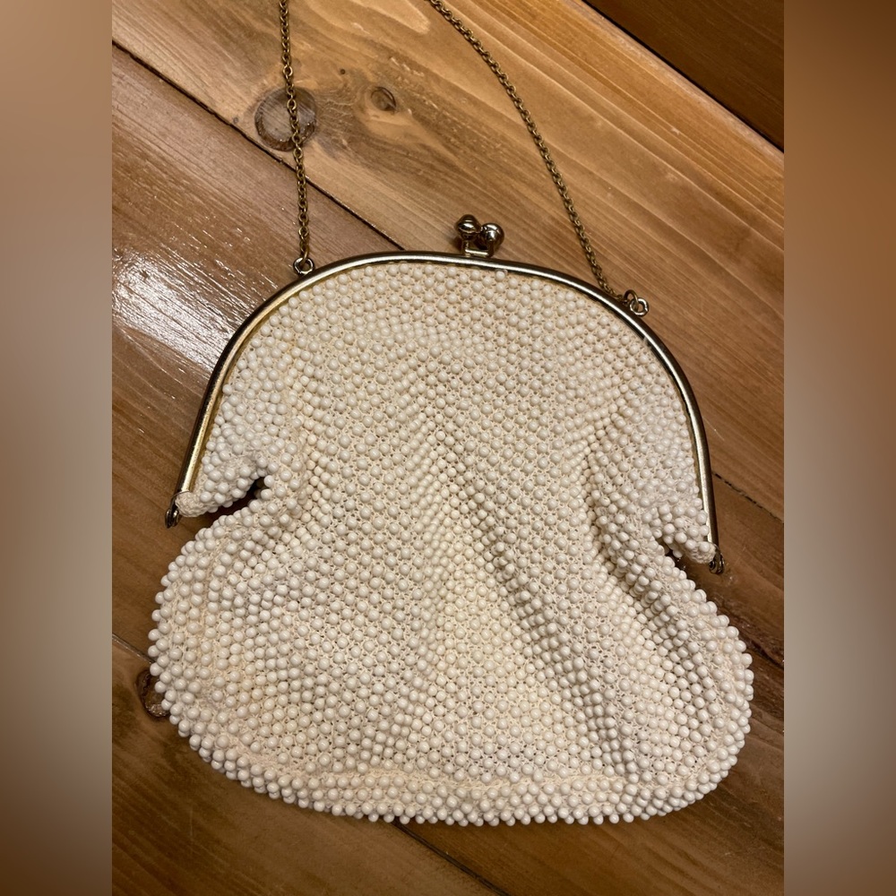 Vintage White Beaded Oval Evening Purse, Handbag Corde Bead Small 1950s